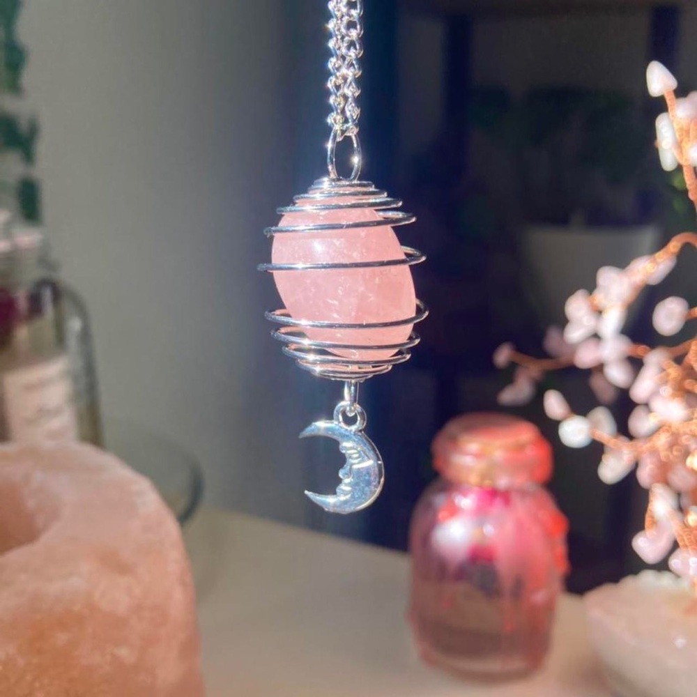 Rose quartz stone silver wire wrapped moon pendant chain necklace
